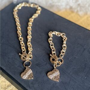 Guess Gold Heart Charm Necklace and Bracelet Set